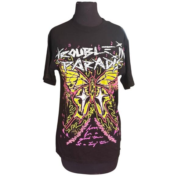 Toxicity Trouble in Paradise Tee Sz S Black Y2K Butterfly Love Hard - Picture 3 of 5
